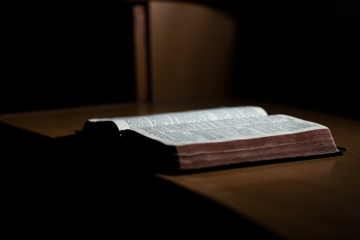 Libro aperto con pagine illuminate su legno scuro.
